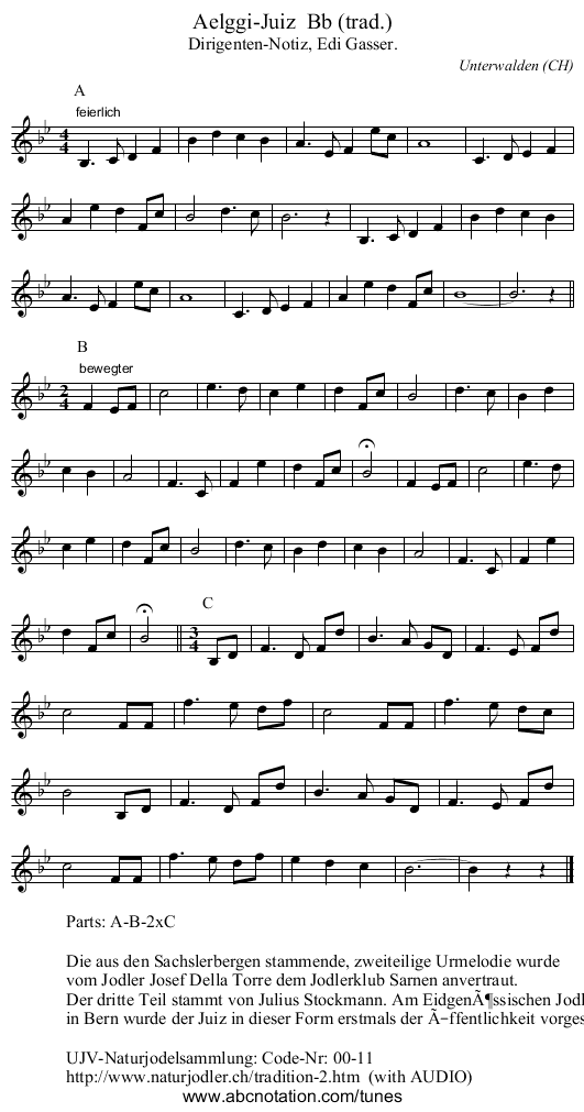 Aelggi-Juiz  Bb (trad.) - staff notation