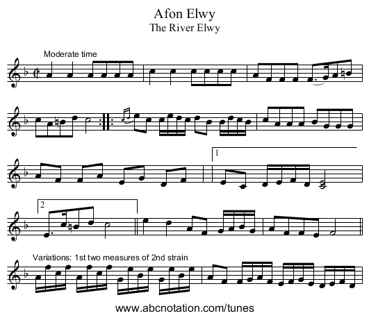 Afon Elwy - staff notation