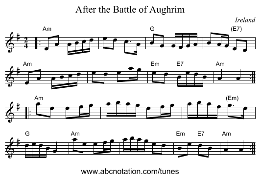 After the Battle of Aughrim - staff notation