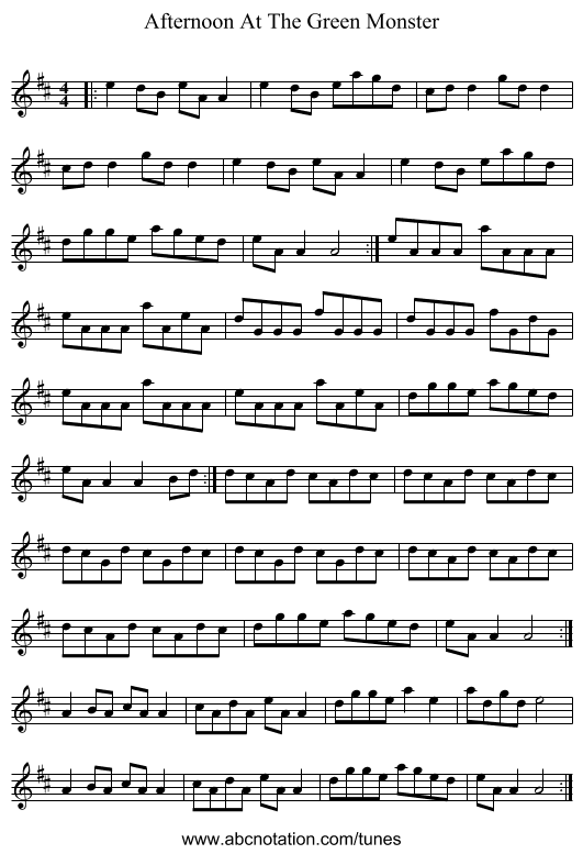 Afternoon At The Green Monster - staff notation