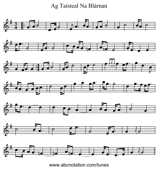 Ag Taisteal Na Blárnan - staff notation