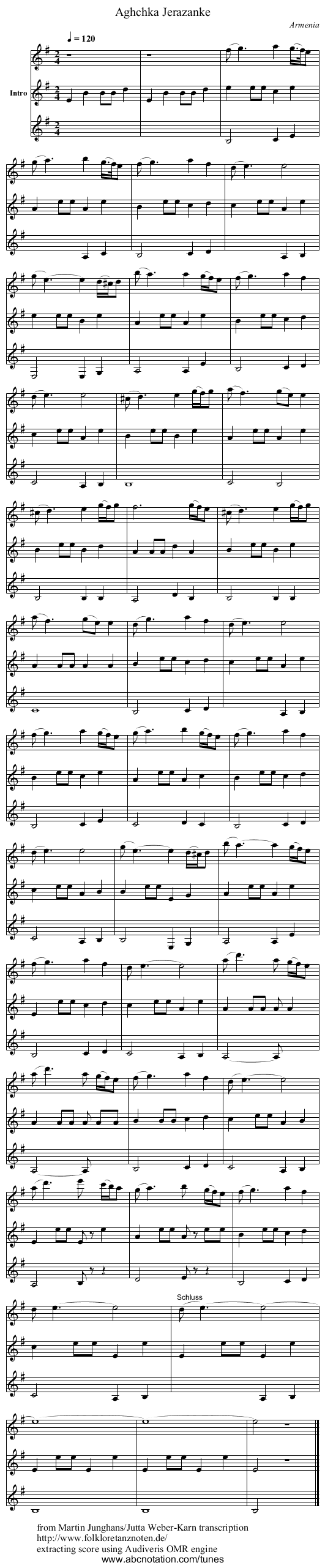 Aghchka Jerazanke - staff notation