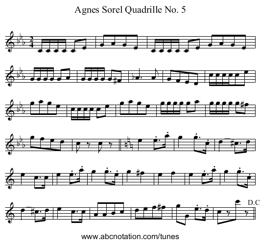 Agnes Sorel Quadrille No. 5 - staff notation