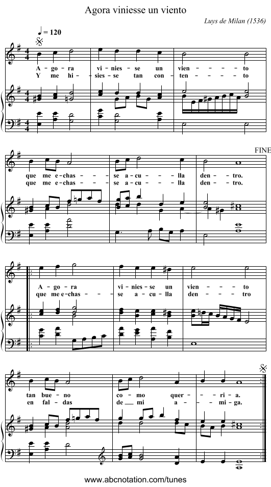 Agora viniesse un viento - staff notation