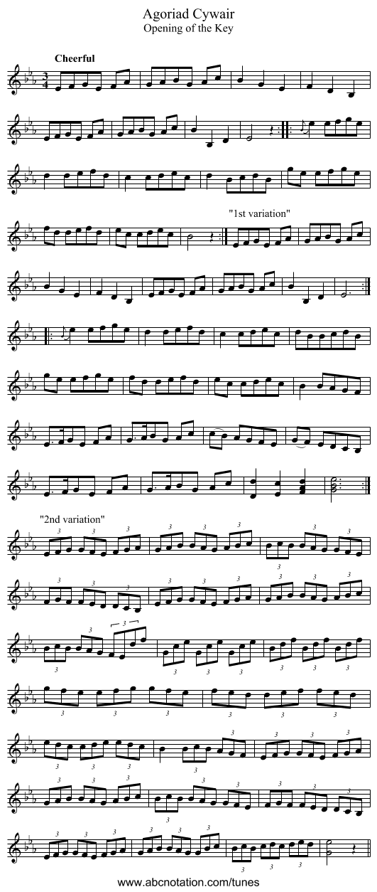 Agoriad Cywair - staff notation
