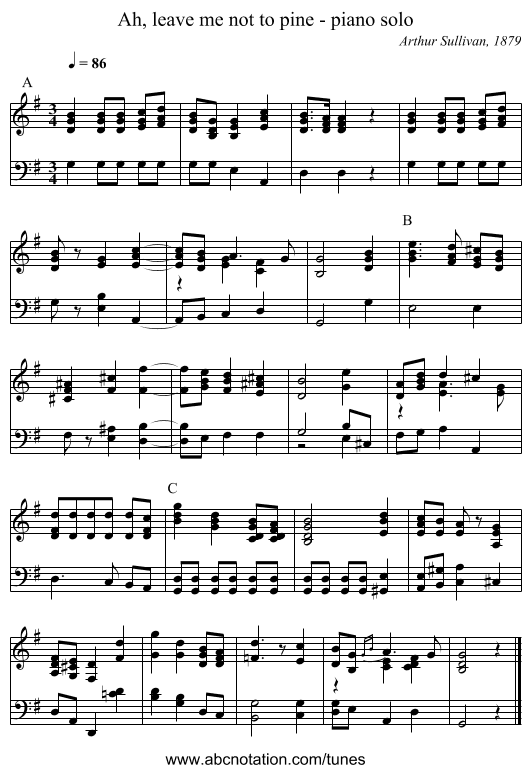 Ah, leave me not to pine - piano solo - staff notation