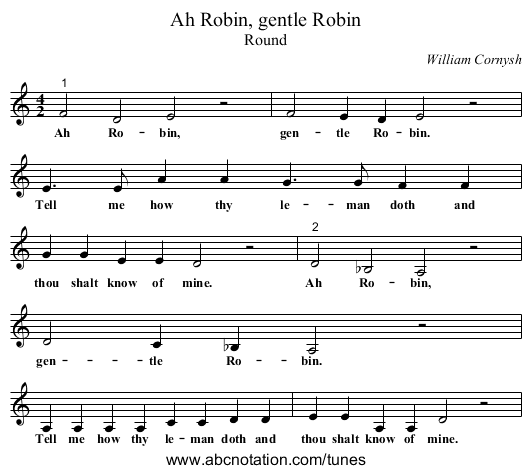 Ah Robin, gentle Robin - staff notation