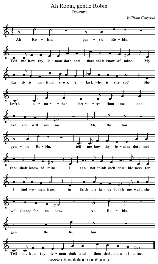 Ah Robin, gentle Robin - staff notation