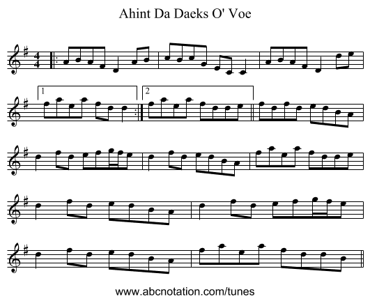 Ahint Da Daeks O' Voe - staff notation