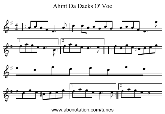 Ahint Da Daeks O' Voe - staff notation