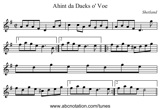 Ahint da Daeks o' Voe - staff notation