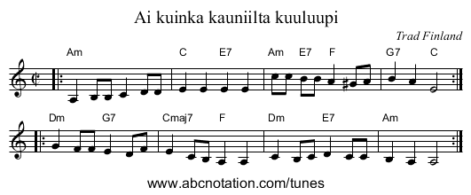 Ai kuinka kauniilta kuuluupi - staff notation