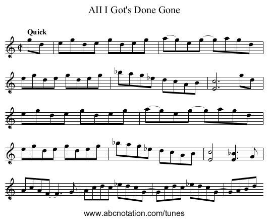 AII I Got's Done Gone - staff notation