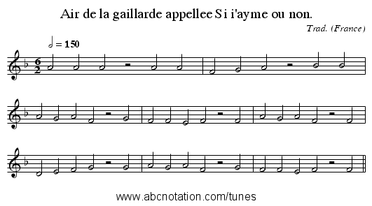 Air de la gaillarde appellee Si i'ayme ou non. - staff notation