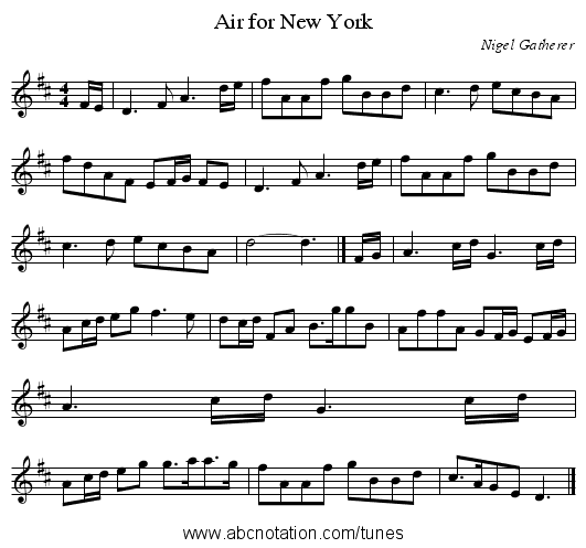 Air for New York - staff notation