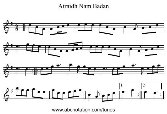 Airaidh Nam Badan - staff notation