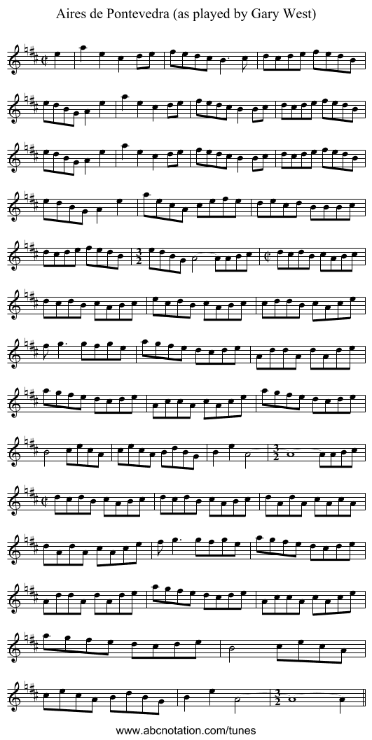 Aires de Pontevedra (as played by Gary West) - staff notation