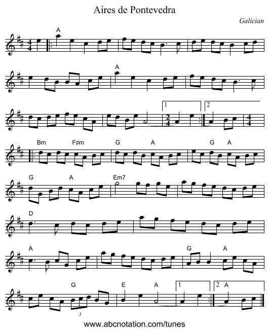 Aires de Pontevedra - staff notation
