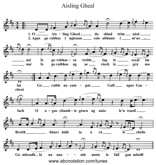 Aisling Gheal - staff notation