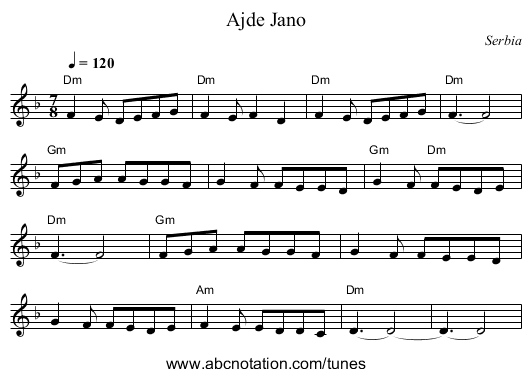 Ajde Jano - staff notation