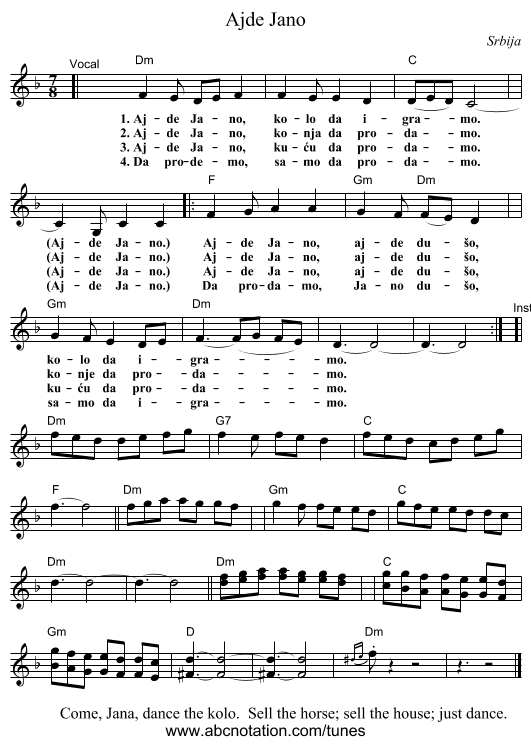 Ajde Jano - staff notation