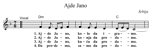 Ajde Jano - staff notation