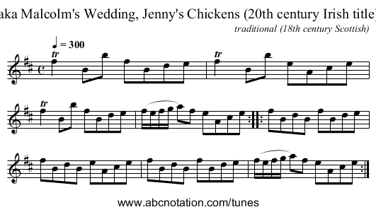 aka Malcolm's Wedding, Jenny's Chickens (20th century Irish title) - staff notation