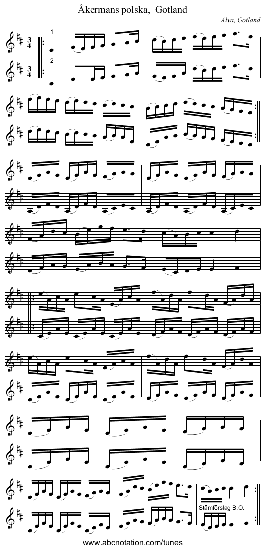 Åkermans polska,  Gotland - staff notation