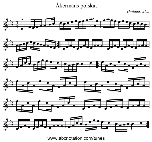 Åkermans polska, - staff notation
