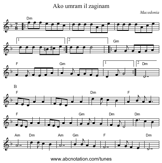 Ako umram il zaginam - staff notation