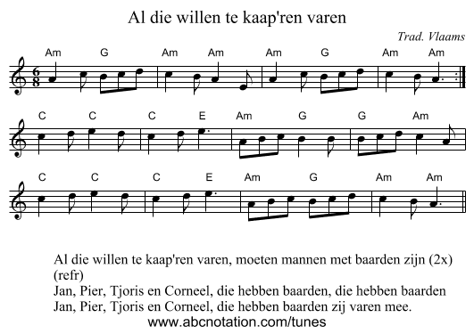 Al die willen te kaap'ren varen - staff notation