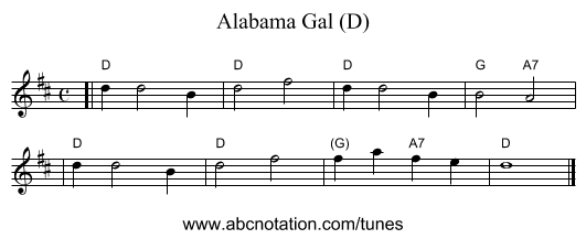 Alabama Gal (D) - staff notation