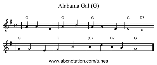 Alabama Gal (G) - staff notation