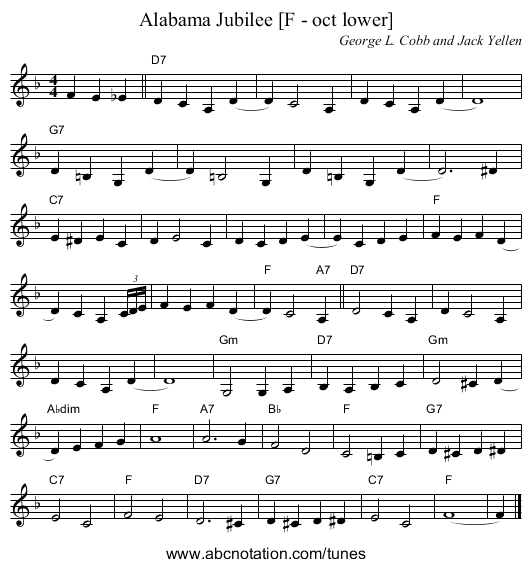 Alabama Jubilee [F - oct lower] - staff notation