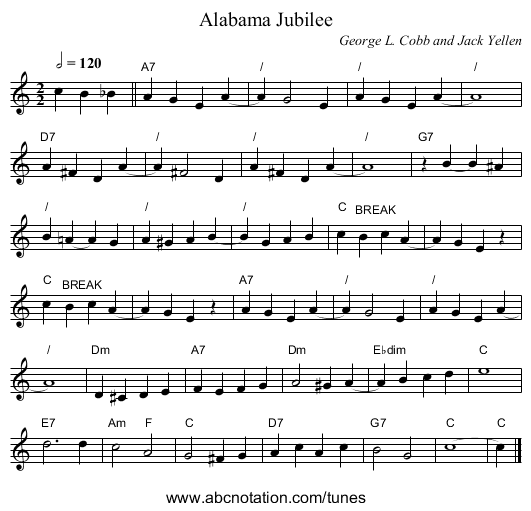 Alabama Jubilee - staff notation