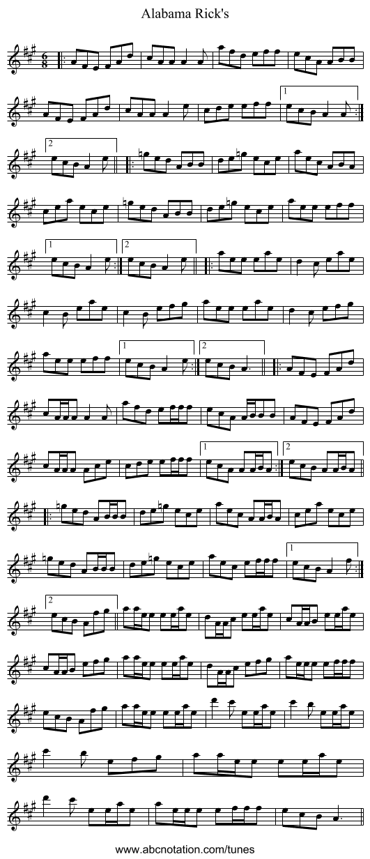 Alabama Rick's - staff notation