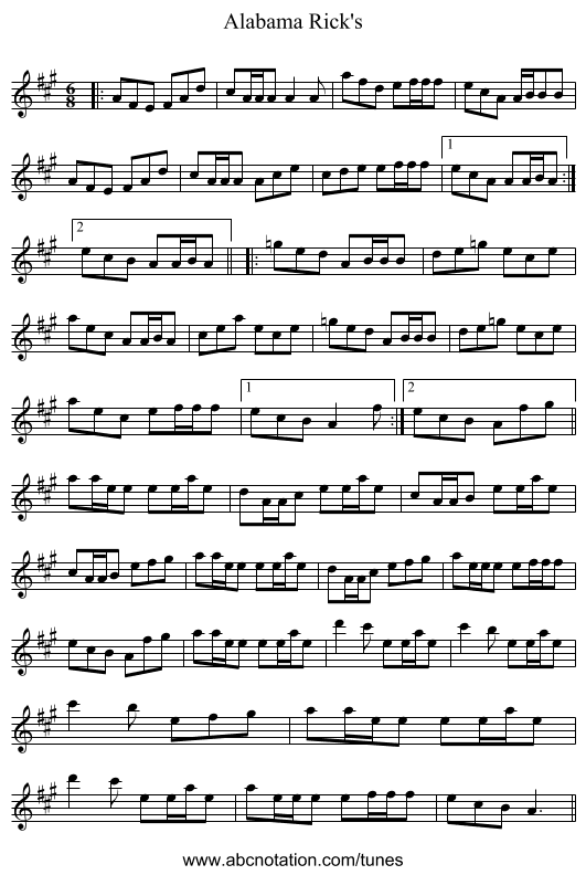 Alabama Rick's - staff notation