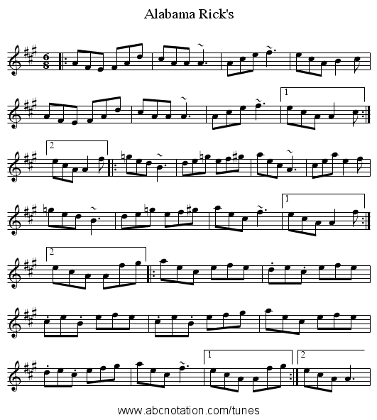 Alabama Rick's - staff notation