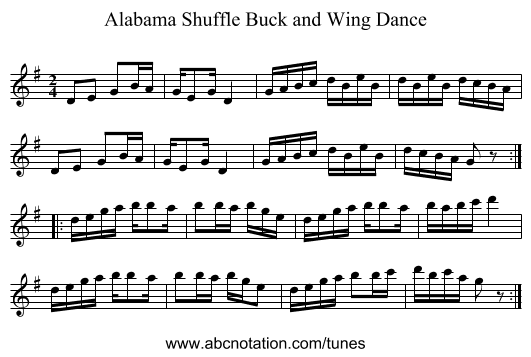 Alabama Shuffle Buck and Wing Dance - staff notation
