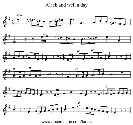 Alack and well a day - staff notation