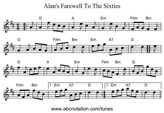 Alan's Farewell To The Sixties - staff notation