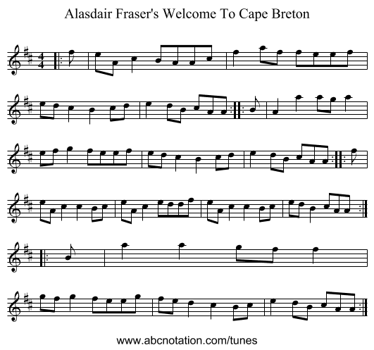 Alasdair Fraser's Welcome To Cape Breton - staff notation