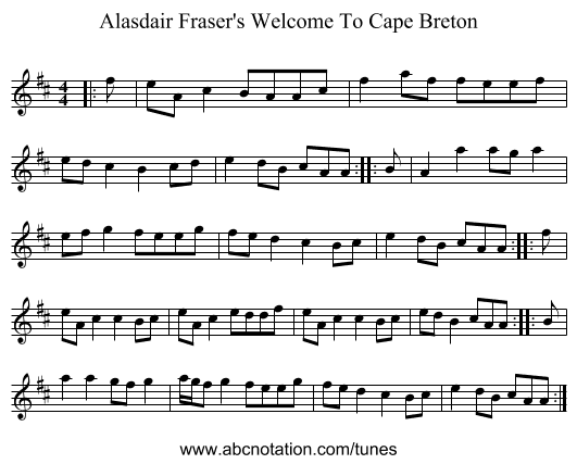 Alasdair Fraser's Welcome To Cape Breton - staff notation