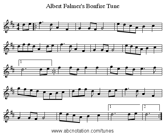 Albert Falmer's Bonfire Tune - staff notation