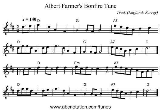 Albert Farmer's Bonfire Tune - staff notation