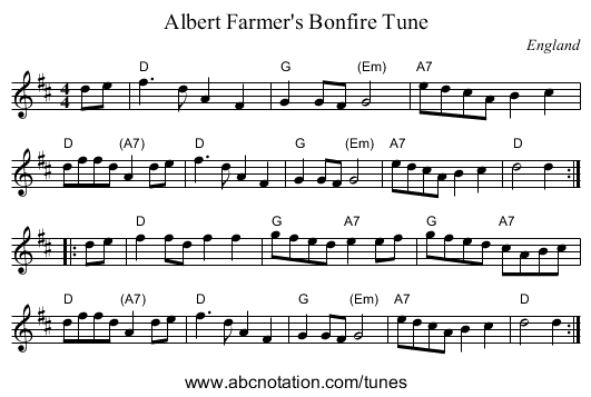 Albert Farmer's Bonfire Tune - staff notation
