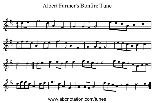 Albert Farmer's Bonfire Tune - staff notation