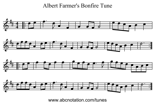 Albert Farmer's Bonfire Tune - staff notation