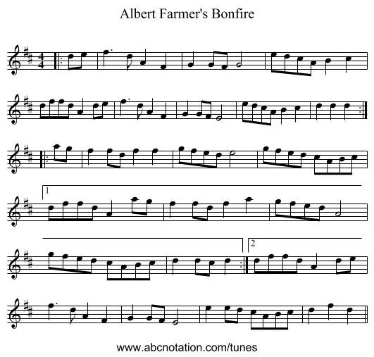 Albert Farmer's Bonfire - staff notation