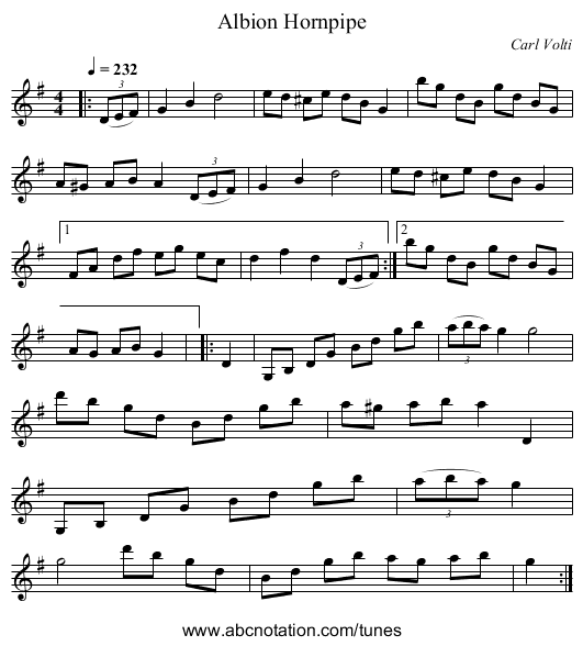 Albion Hornpipe - staff notation